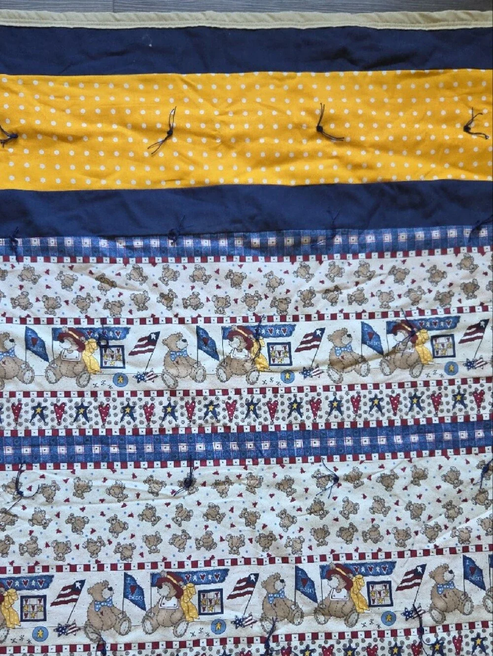 Handmade Navy & Yellow Baby Patchwork Quilt Blanket Polka Dot And Teddy Bear